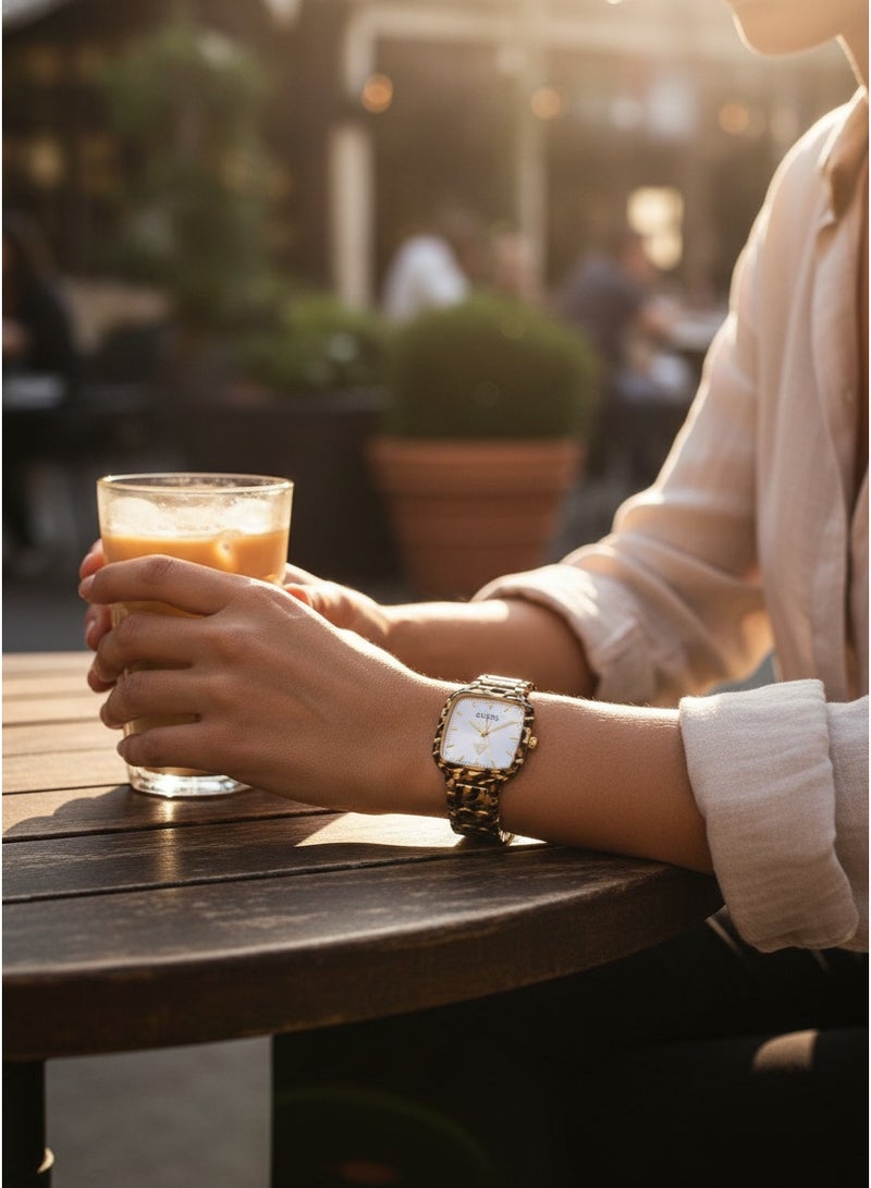 GUESS Women Luxury Fashion Analog Quartz Watch With Leopard Animal Print Link Bracelet Square Case Silver Sunray Dial Gold Indices - Image 2