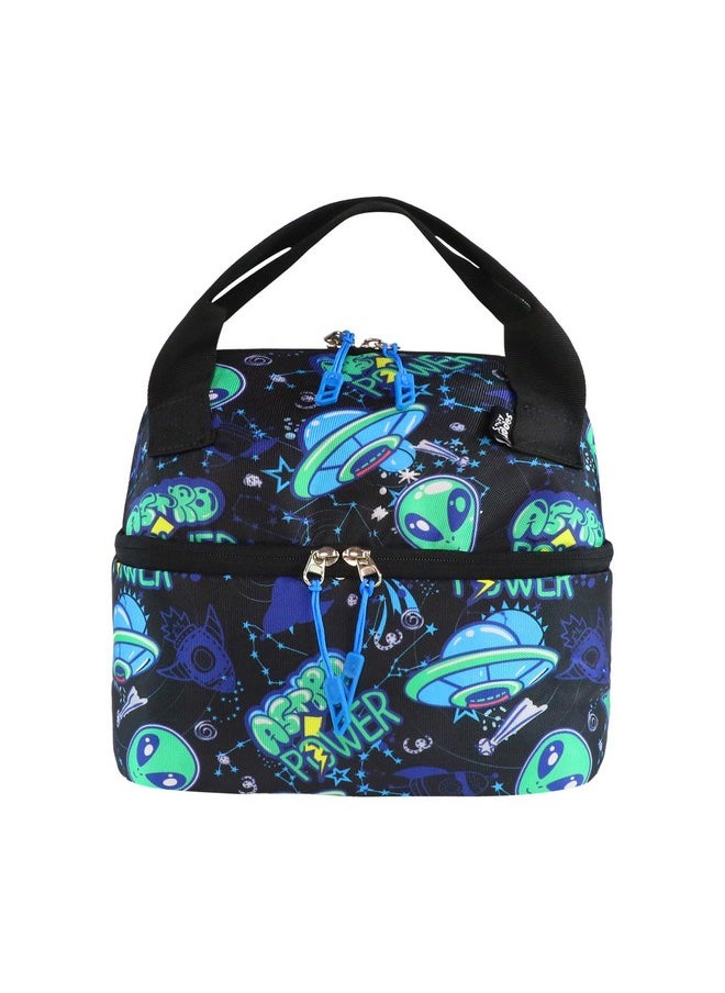 SMILY KIDDOS Smily Kiddos | Double Decker Lunch Bag Alien Theme - Blue | Kids & School Lunch Bag | Lunch Bag for Kids | Lunch Bag for School | Comes with 2 Main Compartment LxWxH :25.5 X 17 X 20 CM  - Image 1