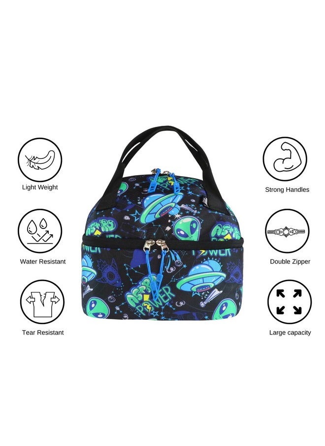 SMILY KIDDOS Smily Kiddos | Double Decker Lunch Bag Alien Theme - Blue | Kids & School Lunch Bag | Lunch Bag for Kids | Lunch Bag for School | Comes with 2 Main Compartment LxWxH :25.5 X 17 X 20 CM  - Image 2