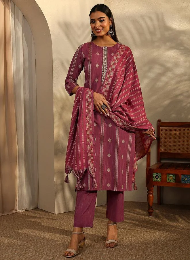 Libas Maroon Printed Cotton Blend A-Line Kurta and Trousers Set and Dupatta