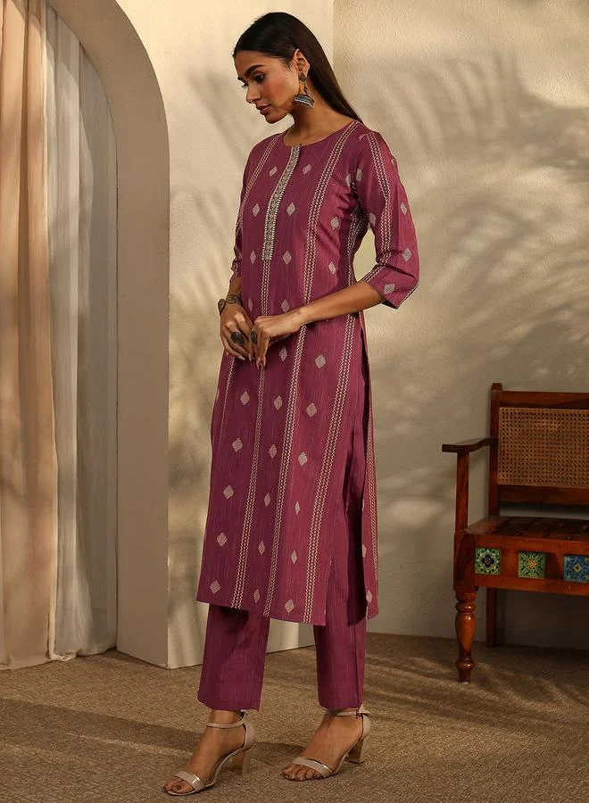 Libas Maroon Printed Cotton Blend A-Line Kurta and Trousers Set and Dupatta