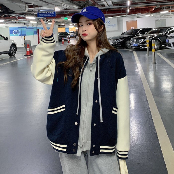 Korean style baseball uniform womens spring and autumn all-matching couple wear ins trendy new Harajuku style fried street coat salt womens top Navy blue 