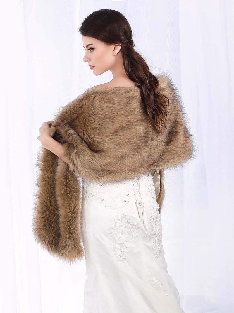 Aukmla Faux Fur Shawl Wedding Fur Wraps and Shawls Bridal Fur Stole Winter Cape Shrug for Brides and Bridesmaids (Brown) - Image 3