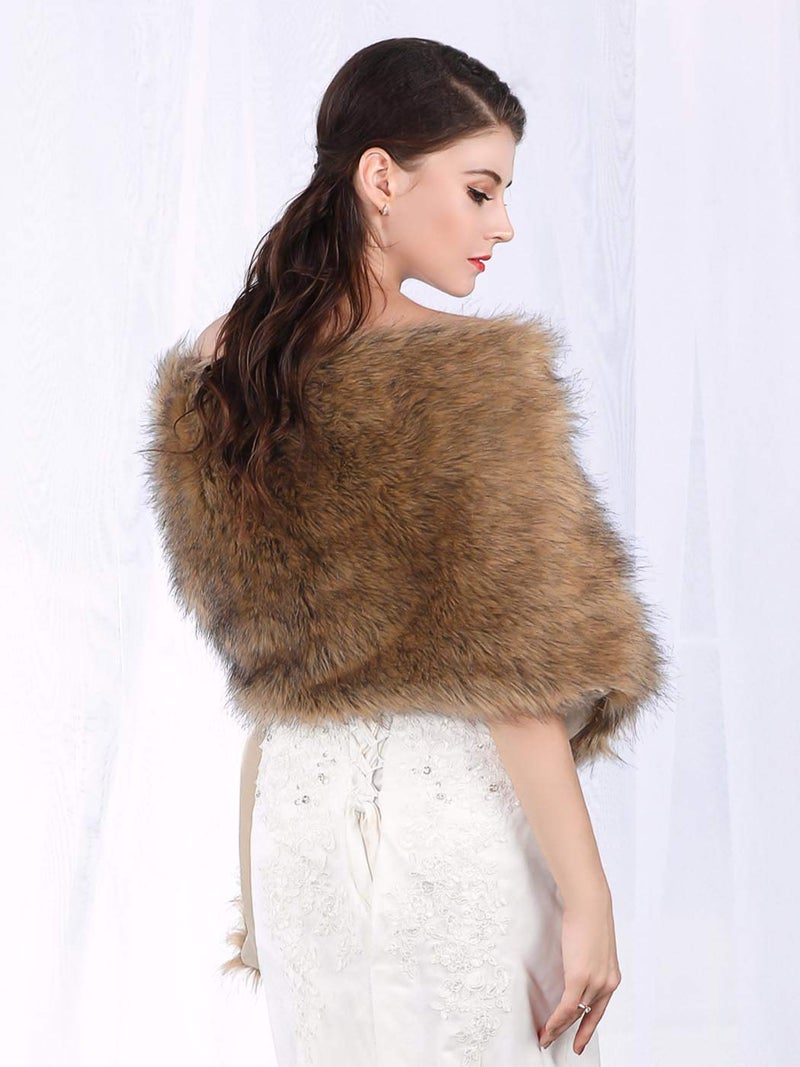 Aukmla Faux Fur Shawl Wedding Fur Wraps and Shawls Bridal Fur Stole Winter Cape Shrug for Brides and Bridesmaids (Brown) - Image 2