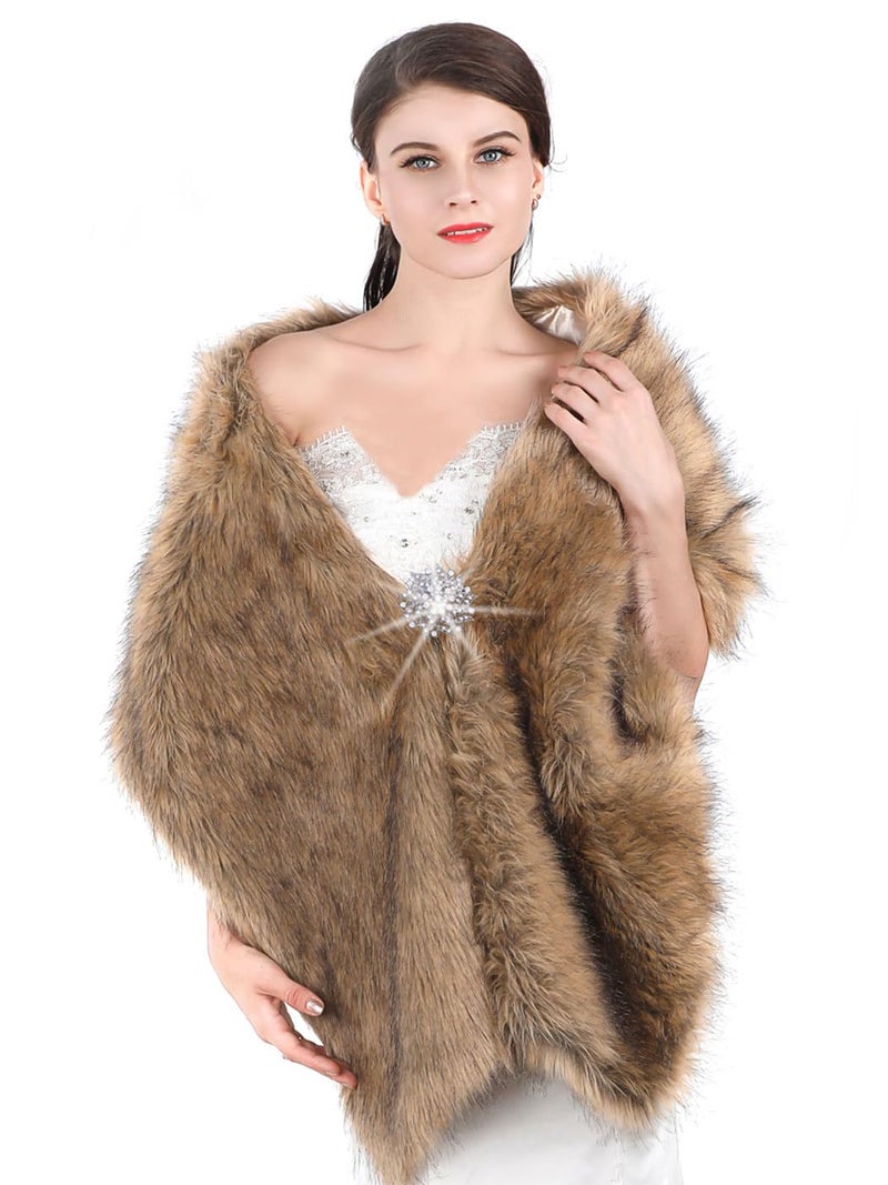 Aukmla Faux Fur Shawl Wedding Fur Wraps and Shawls Bridal Fur Stole Winter Cape Shrug for Brides and Bridesmaids (Brown) - Image 1