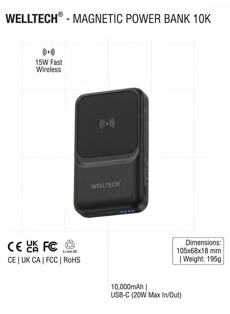 WELLTECH Wireless Power Bank Portable Charger – WELLTECH WL-20 Magnetic MagSafe Compatible, Fast Charging, USB-C, Slim Battery Pack for iPhone Android - Image 3