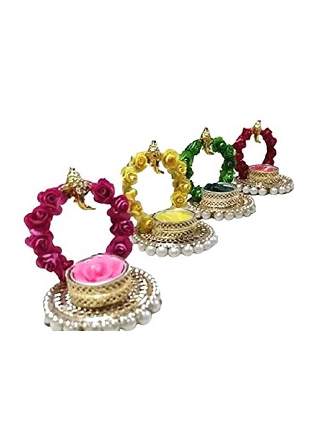 إليجانس جميل متنوع الألوان تصميم زهرة معدنية ديا جانباتي ضوء الشاي حامل شمعة للمنزل مكتب ديوالي الديكور بوجا المواد ديكور الهدايا الشمعدان (4 قطع) (Elegdc2)