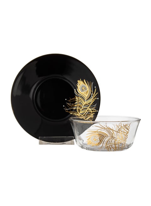 Decorative Glass Yogurt Bowl Set with Gold Leaf Design and Black Porcelain Plates – 6 Bowls + 6 Plates