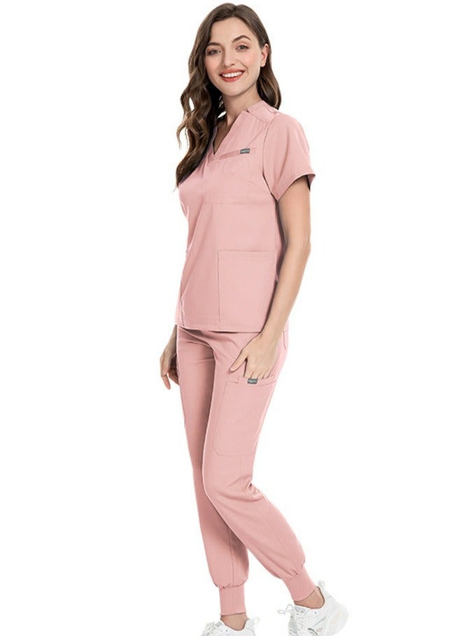 Loquat Medical Uniform Scrubs Set Medical Scrubs Solid Color 2 Piece Set Top and Pants Suit Pink - Image 1