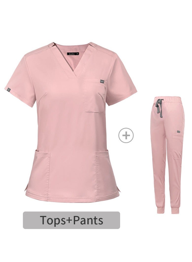 Loquat Medical Uniform Scrubs Set Medical Scrubs Solid Color 2 Piece Set Top and Pants Suit Pink - Image 3
