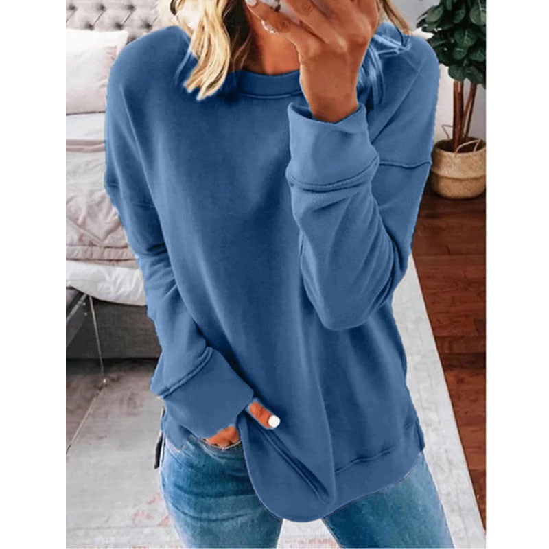 2020 autumn and winter women's cross-border WISH European and American casual round neck loose solid color long-sleeved t-shirt women Khaki XL - Image 2