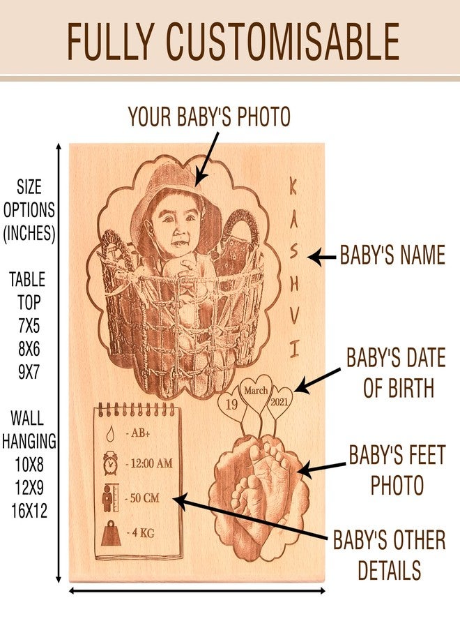 GFTBX Birthday Gift for baby Boy - Custom Engraved Wood Photo Frame with Baby's Photo, Footprint or Hand Print, Birthday and Other Details Engraved on wood (16x12 Inches, Large) - Image 5