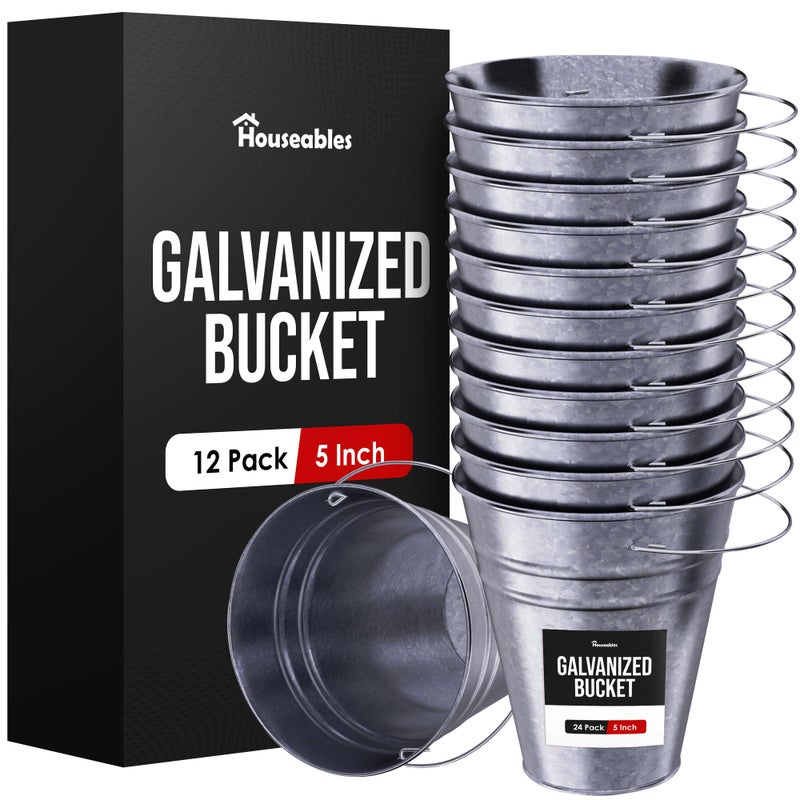 Houseables Galvanized Bucket  Small Metal Bucket  Metal Pail  Small Pail  Mini Tin Container  With Handle  Tin Cans For Crafts  Party Favor  Candy  Flower  Decorative  Silver  Little  5 Inch  12 Pack - Image 1