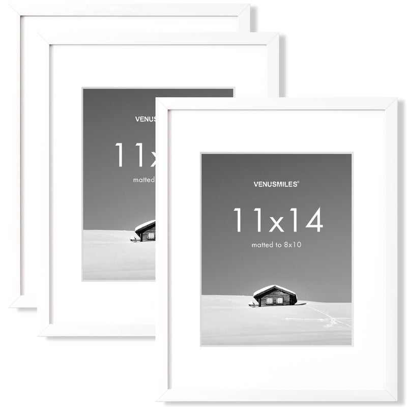 Venusmiles 11x14 بوصة إطار الصورة 11x14 إطارات الصور مع 8x10 حصيرة قابلة للإزالة - شبكي عالي الوضوح - الشاشة العمودية والأفقية - إطار معلق الجدار - أبيض 3 حزمة - Image 1