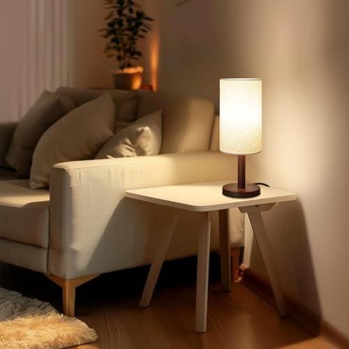 LALISU Small Table Lamp for Bedroom, Nightstand Lamp Linen Lampshade Bedroom Wood Base Small Bedside Lamp for Night Stands, Desk Lamps for Reading Living Room, Office (LED Bulb Included) (Black-Walnut Wood) - Image 3