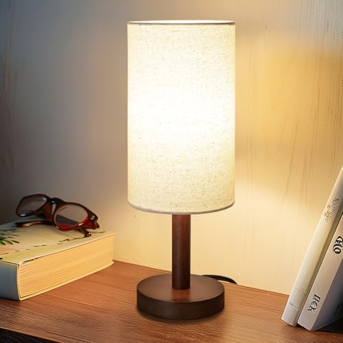 LALISU Small Table Lamp for Bedroom, Nightstand Lamp Linen Lampshade Bedroom Wood Base Small Bedside Lamp for Night Stands, Desk Lamps for Reading Living Room, Office (LED Bulb Included) (Black-Walnut Wood) - Image 1