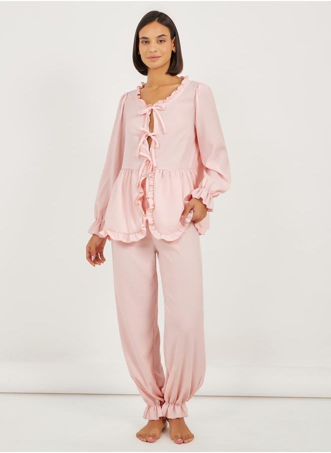 Ruffle Edge Tie Front Tiered Hem Top and Cuffed Pyjama Set - pzsku/ZB7F62341A9200393EB65Z/45/_/1738970093/b5aecb9c-805e-4e04-a075-10d5259a1b18