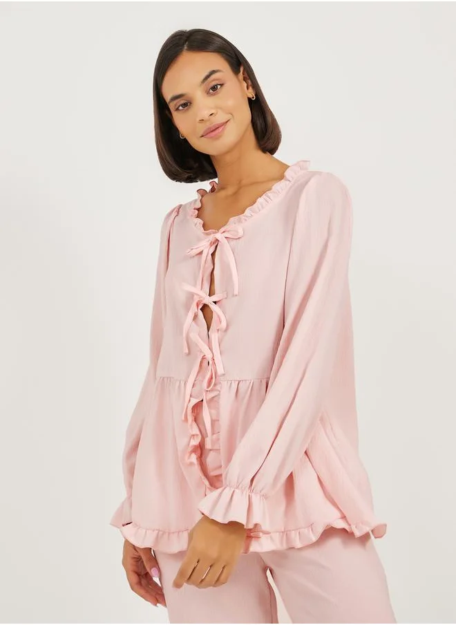 ستايلي Ruffle Edge Tie Front Tiered Hem Top and Cuffed Pyjama Set