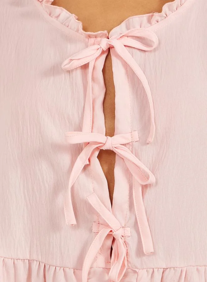 Styli Ruffle Edge Tie Front Tiered Hem Top and Cuffed Pyjama Set