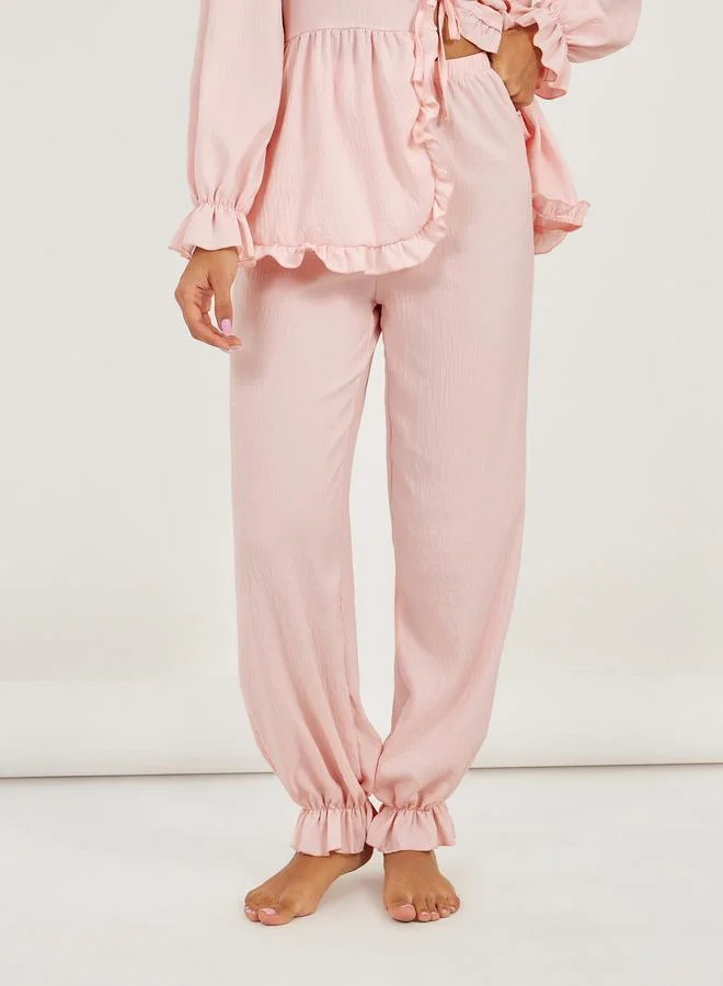 Styli Ruffle Edge Tie Front Tiered Hem Top and Cuffed Pyjama Set