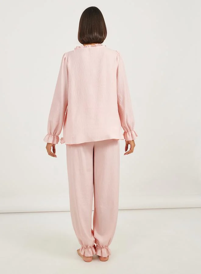Styli Ruffle Edge Tie Front Tiered Hem Top and Cuffed Pyjama Set