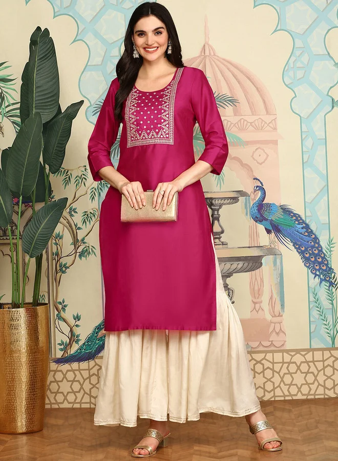 Ethnic Motifs Yoke Design Round Neck Straight Zari Kurta