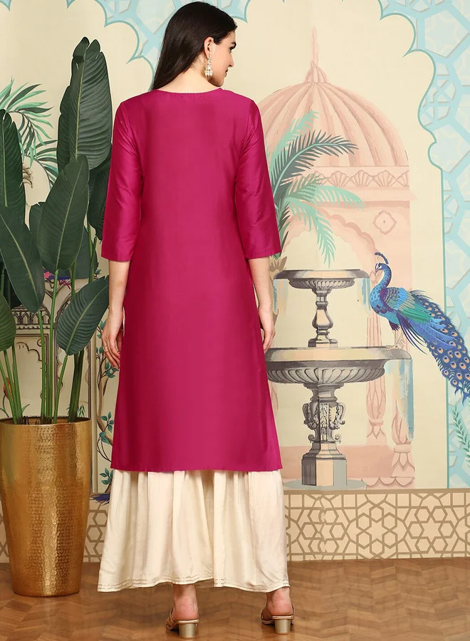 ISHIN  Ethnic Motifs Yoke Design Round Neck Straight Zari Kurta for Women | Best Price UAE