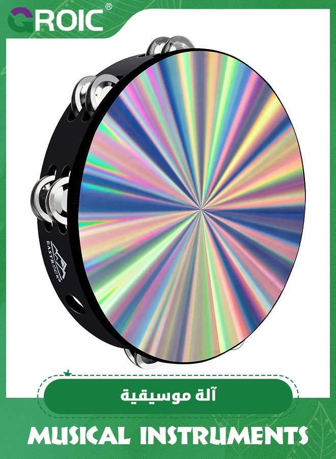 GROIC Radiant Tambourine Hand Held Drum 8 Inch Double Row Jingles Reflective Tambourine Musical Instrument for Kids,Musical Instruments for Party Dance Games,Educational Toys - Image 1