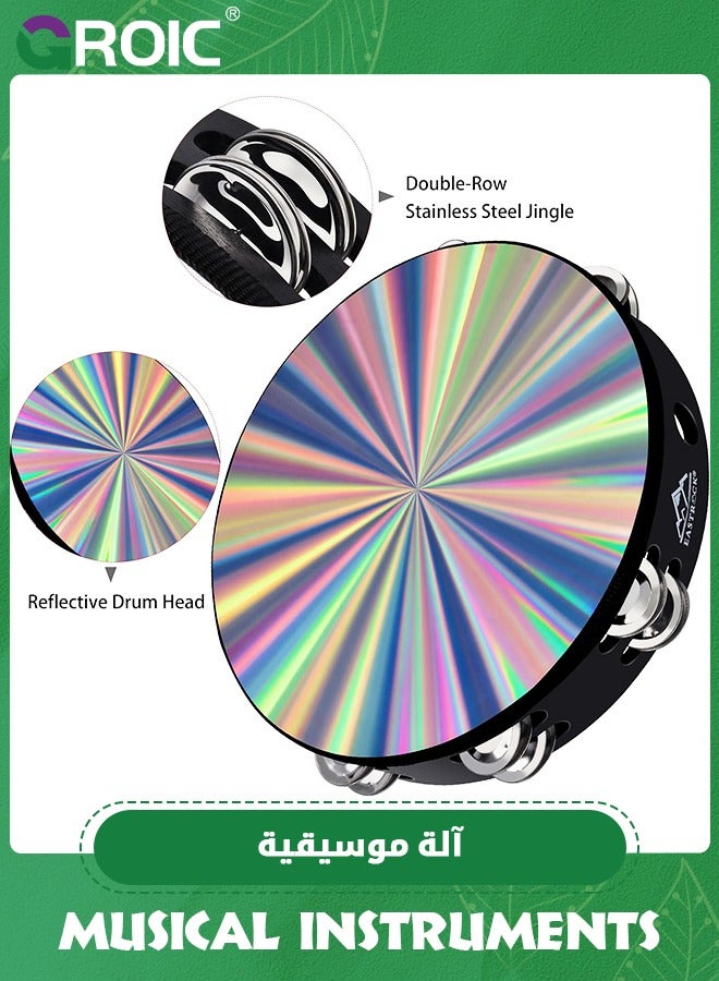 GROIC Radiant Tambourine Hand Held Drum 8 Inch Double Row Jingles Reflective Tambourine Musical Instrument for Kids,Musical Instruments for Party Dance Games,Educational Toys - Image 3
