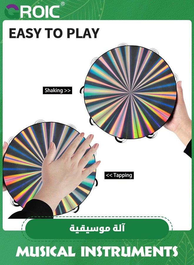GROIC Radiant Tambourine Hand Held Drum 8 Inch Double Row Jingles Reflective Tambourine Musical Instrument for Kids,Musical Instruments for Party Dance Games,Educational Toys - Image 4