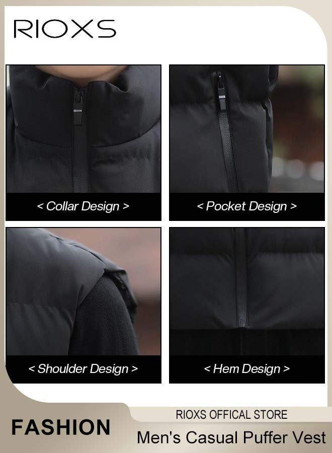 RIOXS Men's Casual Quilted Vest, Lightweight Puffer Vest, Puffy Sleeveless Jacket, Outdoor Stand Collar Sleeveless Down Jacket Coat For Spring Autumn Winter, Soild Color Warm Outerwear With Pockets - Image 4