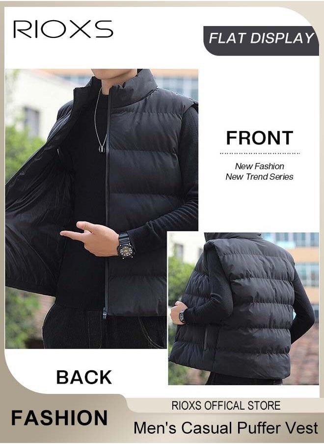 RIOXS Men's Casual Quilted Vest, Lightweight Puffer Vest, Puffy Sleeveless Jacket, Outdoor Stand Collar Sleeveless Down Jacket Coat For Spring Autumn Winter, Soild Color Warm Outerwear With Pockets  - Image 3