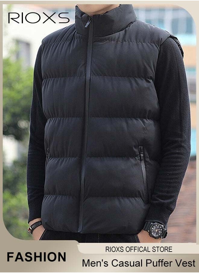 RIOXS Men's Casual Quilted Vest, Lightweight Puffer Vest, Puffy Sleeveless Jacket, Outdoor Stand Collar Sleeveless Down Jacket Coat For Spring Autumn Winter, Soild Color Warm Outerwear With Pockets  - Image 1
