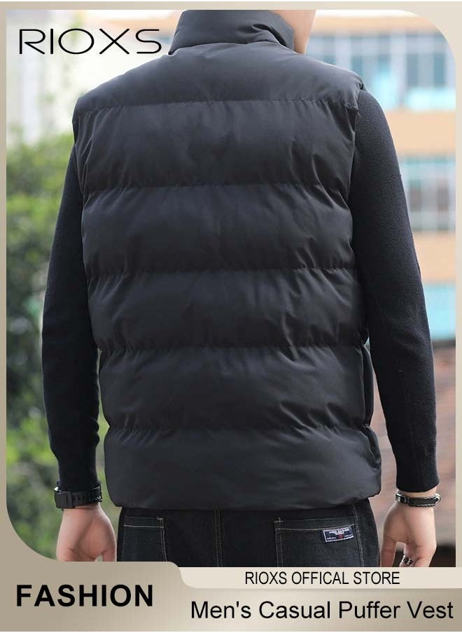 RIOXS Men's Casual Quilted Vest, Lightweight Puffer Vest, Puffy Sleeveless Jacket, Outdoor Stand Collar Sleeveless Down Jacket Coat For Spring Autumn Winter, Soild Color Warm Outerwear With Pockets  - Image 2
