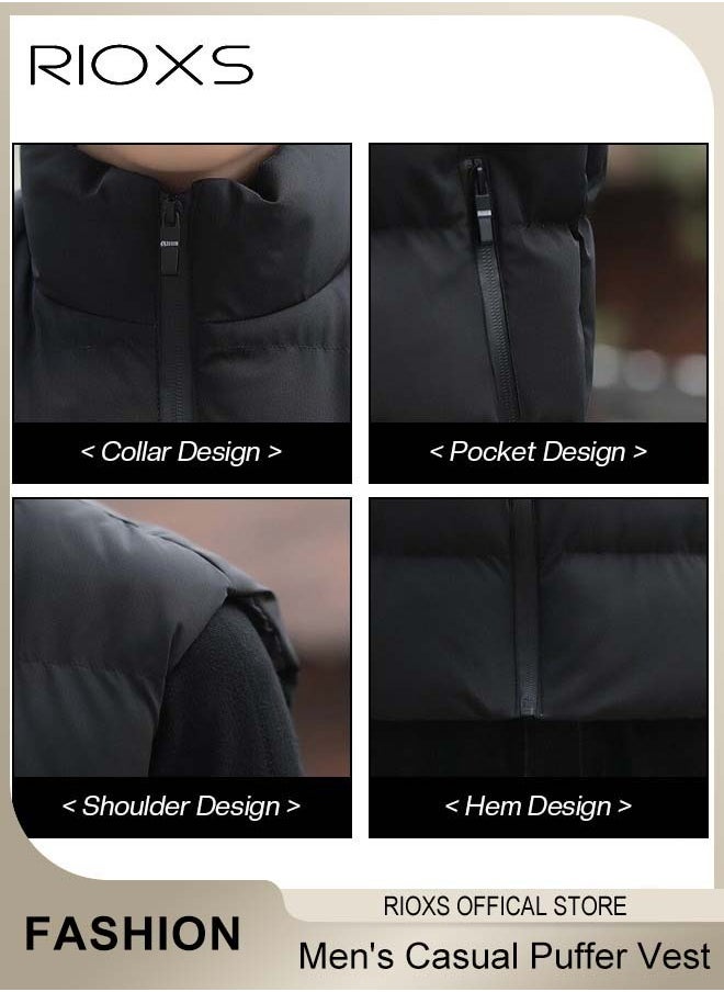 RIOXS Men's Casual Quilted Vest, Lightweight Puffer Vest, Puffy Sleeveless Jacket, Outdoor Stand Collar Sleeveless Down Jacket Coat For Spring Autumn Winter, Soild Color Warm Outerwear With Pockets  - Image 5