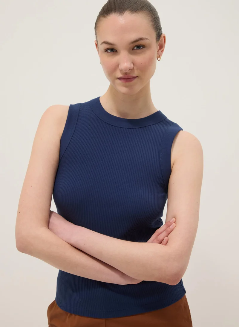 Ovs OVS Blue Fitted Ribbed Stretch-Cotton Tank Top
