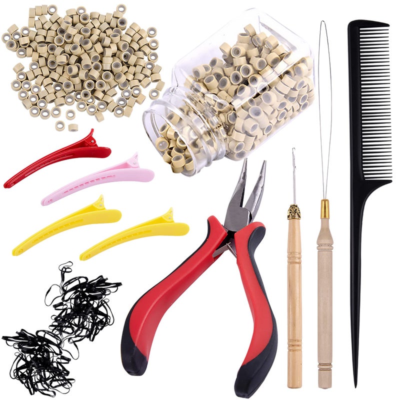 Duufin Hair Extensions Kit 500 Pcs Blonde Micro Ring Beads 1 Micro Beads Plier 2 Hook Needle Pulling Loop 4 Plastic Alligator Hair Clips 1 Comb and 2 Bags Black Mini Rubber Hair Elastic - Image 1