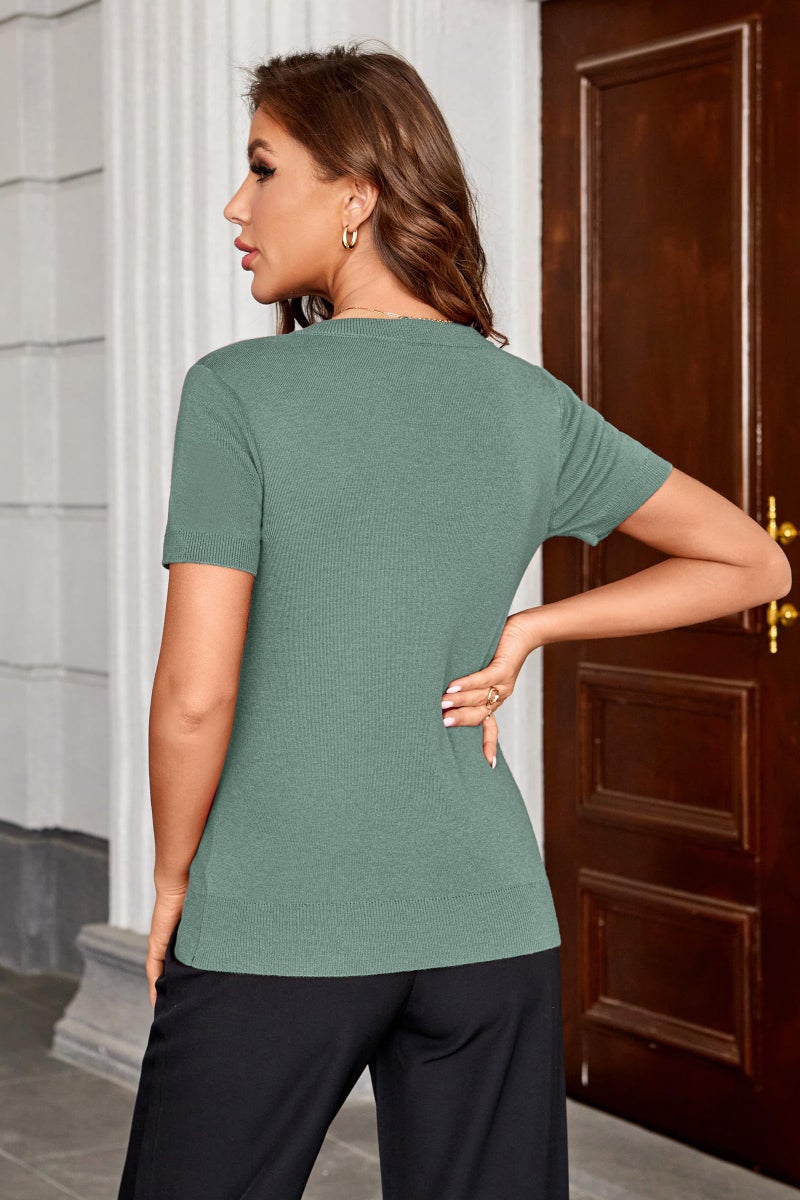 Arach&Cloz Womens Sweater 2026 Summer Spring Fashion Clothes V Neck Short Sleeve Cute Tops Dressy Business Casual Trendy Outfits Cashmere Wool St Patricks Day Easter Shirts Grey Green L - Image 4