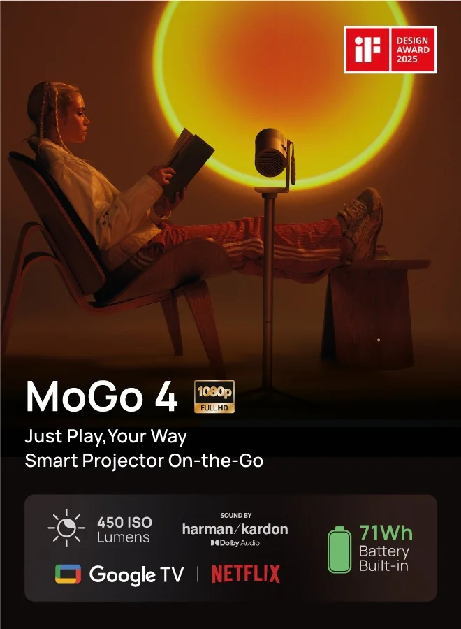 XGIMI MOGO 4 | Full HD Portable Projector + 1x Filter, 540 ANSI Lumens, 360° Built-in Stand, 2.5Hrs Movie Time, 2x 6W Harman/Kardon Speakers, Google TV, for Home/Work/Camping