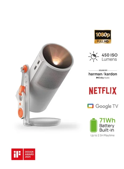 إكسجيمي MOGO 4 | Full HD Portable Projector + 1x Filter, 540 ANSI Lumens, 360° Built-in Stand, 2.5Hrs Movie Time, 2x 6W Harman/Kardon Speakers, Google TV, for Home/Work/Camping