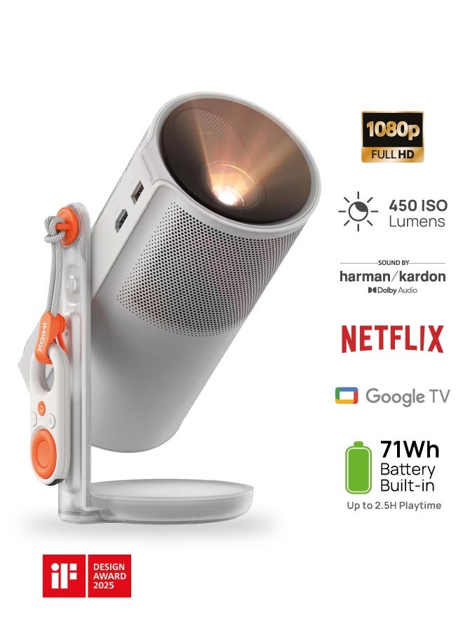 MOGO 4 | Full HD Portable Projector + 1x Filter, 450 ANSI Lumens, 360° Built-in Stand, 2.5Hrs Movie Time, 2x 6W Harman/Kardon Speakers, Google TV, for Home/Work/Camping