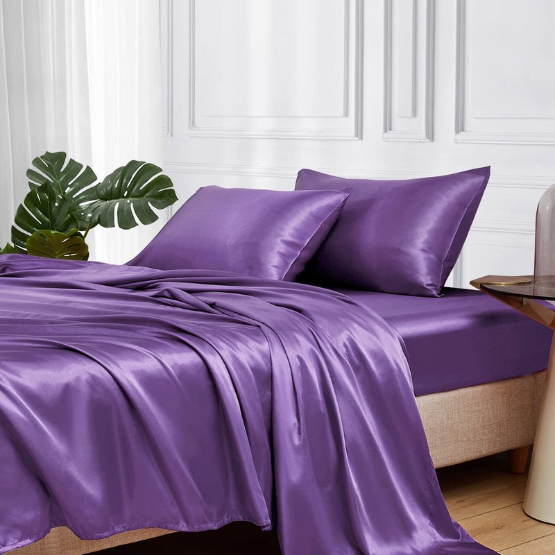 MRHM Satin Bed Sheets King Size Sheets Set 4 Pcs Silky Bedding Set with 15 Inches Deep Pocket for Mattress King Lavender