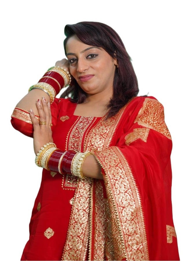 BANGLESKART طقم أساور ذهبية فاخرة من BANGLESKART للنساء والفتيات العرائس، مرصعة بالزركون والماس والكوندان، طقم أساور تشودا للعرائس، مناسب لحفلات الزفاف والمناسبات - أحمر (2.6) - Image 2