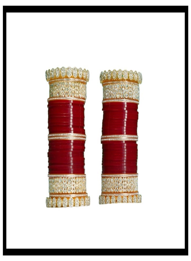 BANGLESKART طقم أساور ذهبية فاخرة من BANGLESKART للنساء والفتيات العرائس، مرصعة بالزركون والماس والكوندان، طقم أساور تشودا للعرائس، مناسب لحفلات الزفاف والمناسبات - أحمر (2.6) - Image 3