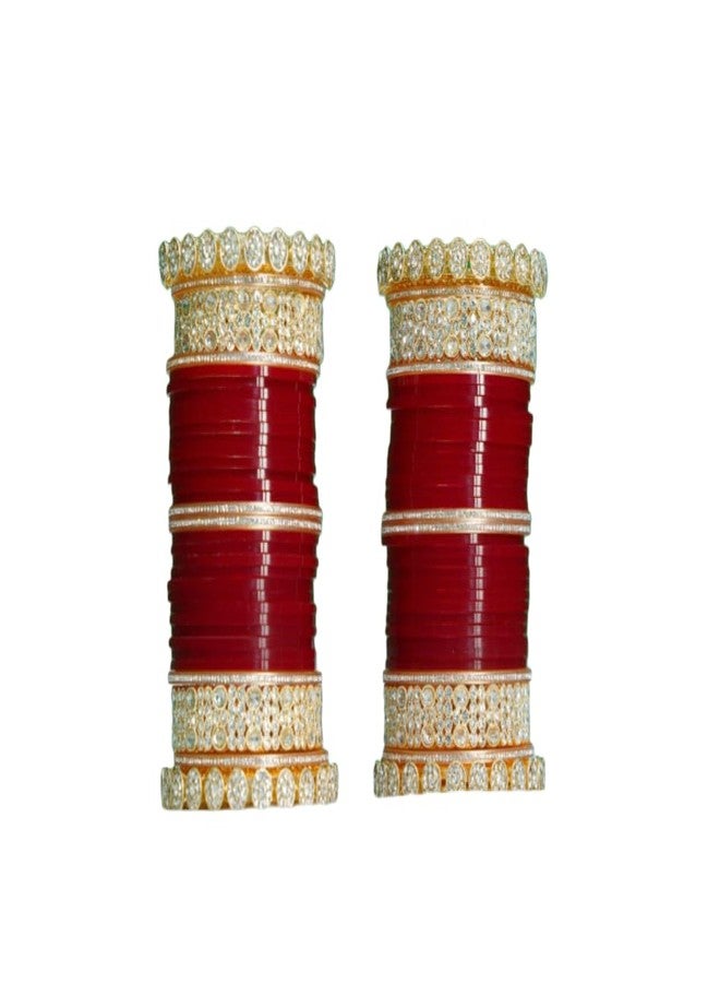 BANGLESKART طقم أساور ذهبية فاخرة من BANGLESKART للنساء والفتيات العرائس، مرصعة بالزركون والماس والكوندان، طقم أساور تشودا للعرائس، مناسب لحفلات الزفاف والمناسبات - أحمر (2.6) - Image 1