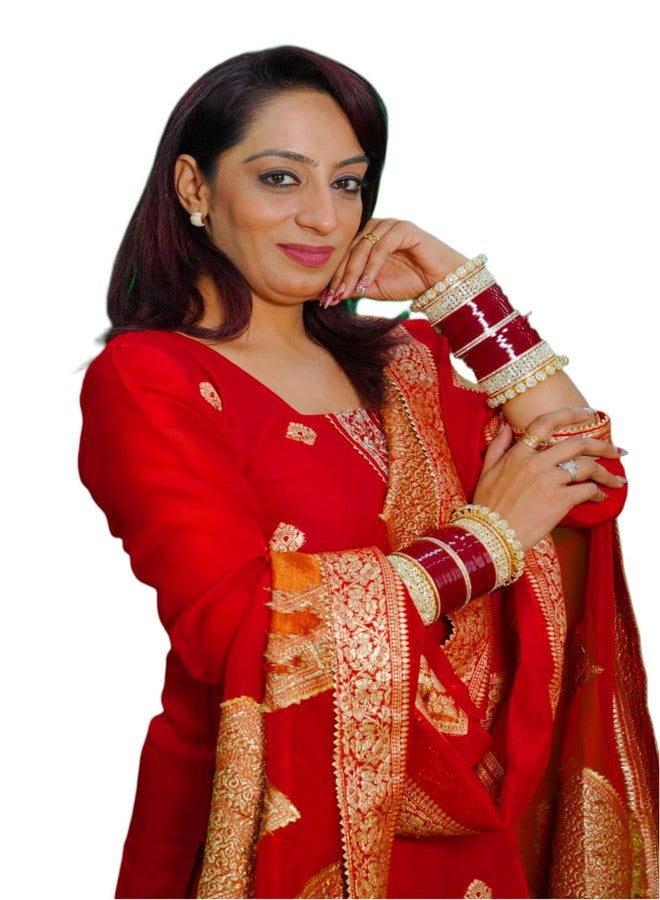 BANGLESKART طقم أساور ذهبية فاخرة من BANGLESKART للنساء والفتيات العرائس، مرصعة بالزركون والماس والكوندان، طقم أساور تشودا للعرائس، مناسب لحفلات الزفاف والمناسبات - أحمر (2.6) - Image 5