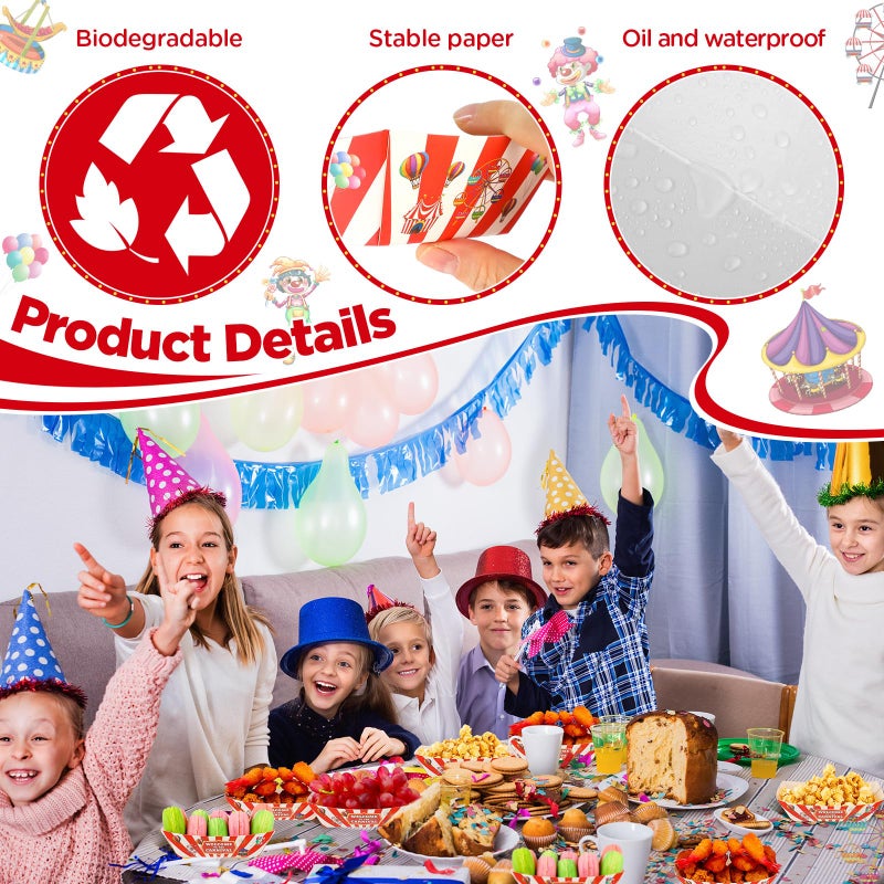 Tenceur 100 Pcs Carnival Paper Food Trays 2lb Carnival Decorations Red and White Stripe Nacho Bowls Hot Dog Boats Food Containers Disposable Plates for Circus Theme Birthday Parties - Image 4