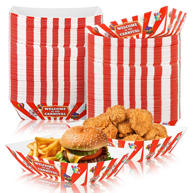 Tenceur 100 Pcs Carnival Paper Food Trays 2lb Carnival Decorations Red and White Stripe Nacho Bowls Hot Dog Boats Food Containers Disposable Plates for Circus Theme Birthday Parties - Image 1