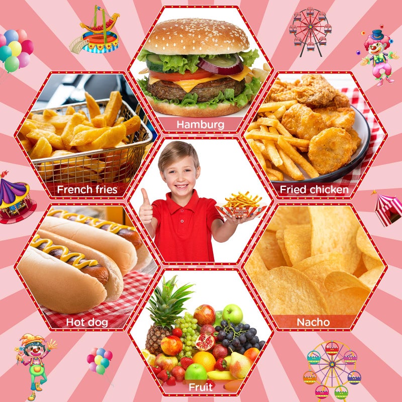 Tenceur 100 Pcs Carnival Paper Food Trays 2lb Carnival Decorations Red and White Stripe Nacho Bowls Hot Dog Boats Food Containers Disposable Plates for Circus Theme Birthday Parties - Image 3