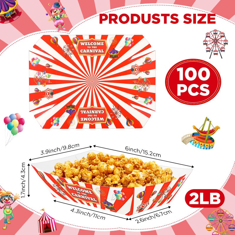 Tenceur 100 Pcs Carnival Paper Food Trays 2lb Carnival Decorations Red and White Stripe Nacho Bowls Hot Dog Boats Food Containers Disposable Plates for Circus Theme Birthday Parties - Image 2